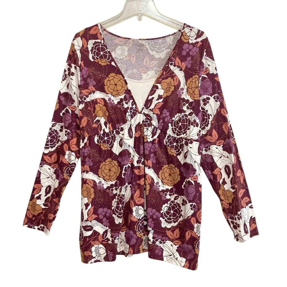 Sonoma T-Shirt Top Womens Size XL Multicolor Floral Long Sleeve Elastic Waist
